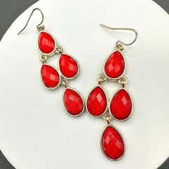 Gold-Tone Faceted Red Glass Stone Teardrop Dangle Drop Chandelier Earrings Retro