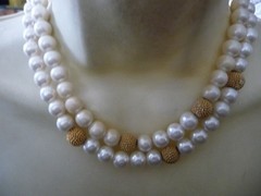 SIGNED E. PEARL 2 ROWS FAUX PEARLS & GOLD TONE BEADS 7”L COLLAR NECKLACE #32/5