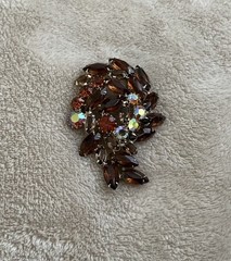 Vintage Brooch Amber Tones Navette AB Rhinestone Pin Layered Leaf Design 2.5 in.