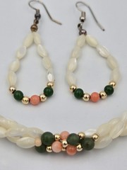 Vintage Mother of Pearl Rice Bead Braided Bracelet & Earrings Set Coral Jade…