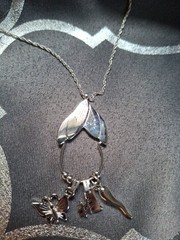 Vtg Monet Charm Necklace Silvertone+3 Charms+Beaded Spacers Signed 30″ 1980’s