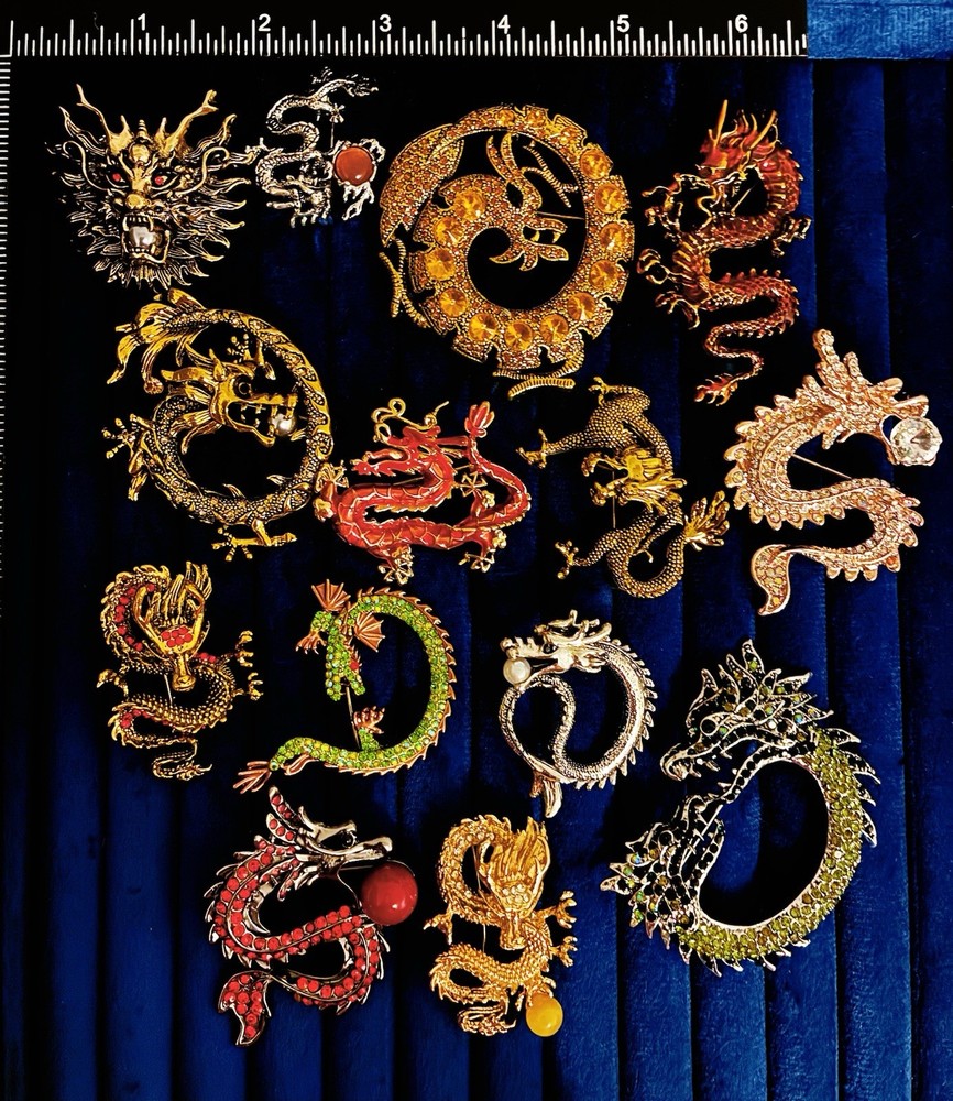 14 Pc Dragon Brooch Pins Rhinestone Enamel Asian Mythical Beast Flying