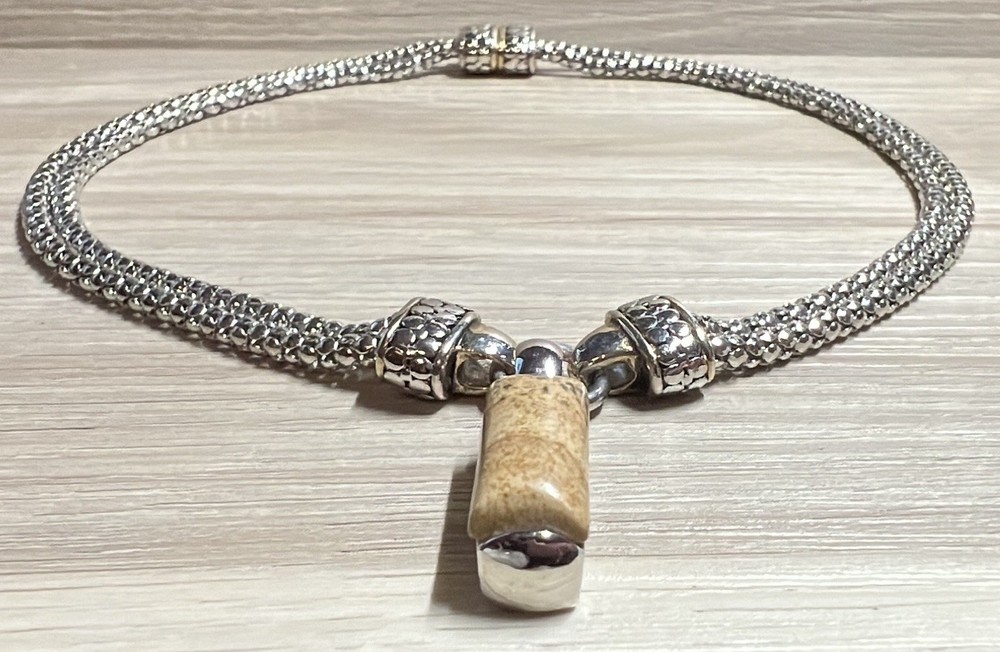 Designer Brighton 2 Strand Silver Magnetic Clasp Necklace, Jasper Pendant, 15.5”