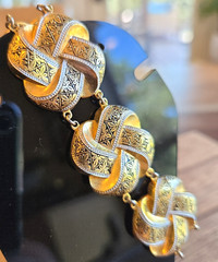 Vintage Damascene Style Link Bracelet Gold Silver Black Tones 8″ Lightweight