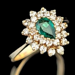 Vintage Pear Cut Emerald Diamond 14k Yellow Gold Double Halo Ring Engagement