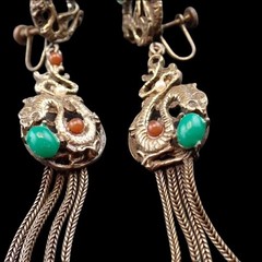 Antique Asian Dragon Jade Carnelian Cabochon Dangle Screw Back Tassel Earrings