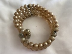 Vintage Faux Pearl Wrap Bracelet Spring Wire Cuff Beaded Fits All Champagne