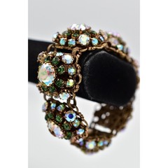 Vintage Aurora Borealis Crystal Bracelet Green AB Antiqued Gold Shiny 1950s Bin2