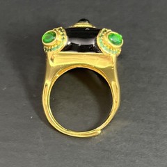 Gripoix Glass Cocktail Ring Gold Tone Black Enamel Green Cabochon Adjustable 6-9