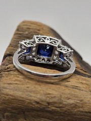Designer JH Sterling Blue & Clear CZ Stone Ring – Size 7.5 Halo EUC