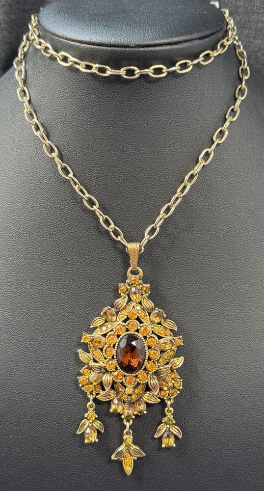 Vintage 60s Hollycraft Ornate Rhinestone Necklace Pendant Yellow Brown Gold Tone