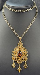 Vintage 60s Hollycraft Ornate Rhinestone Necklace Pendant Yellow Brown Gold Tone