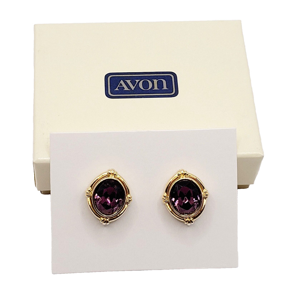 AVON Simulated Amethyst February Birthstone Gold Tone Pierced Earrings with Box