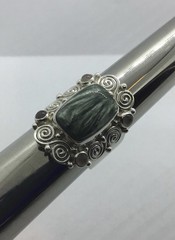 Vintage SAJEN Ring, Sterling Silver & Seraphenite Stone, Size 5.75, Scrollwork