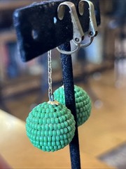 Vintage Green Glass Seed Bead Dangle Drop Clip On Earrings Go Go Style 2”