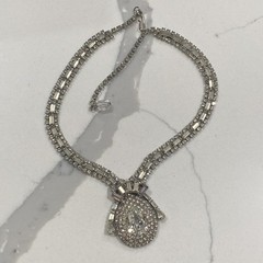 Vintage Signed HOBE Rhinestone Bib Necklace and Clip-On Earring Set