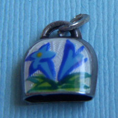 Vintage movable enamel gentian flowers bell silver charm