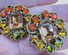 Vintage Rhinestone Clip-on Earrings Orange Green Yellow Flower Shape Judy Lee