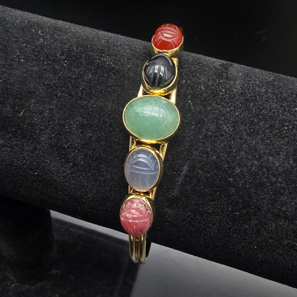 Colorful Gemstone Scarab Cuff Bracelet Gold Tone Egyptian Revival
