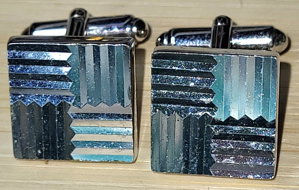 ANSON Silvertone Geometric Art Deco Style Cufflinks 9/16″ Wide Bullet Back Great