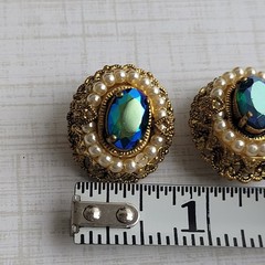 West German Filigree Blue AB Rhinestone Faux Pearl Clip On Earrings READ