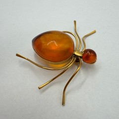Vintage Amber Spider Brooch 1970s Baltic Honey Amber Gilded Brass Pin Jewelry