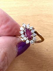 VINTAGE 14K YELLOW GOLD RED NAVETTE MARQUISE CUT GENUINE RUBY AND DIAMONDS RING