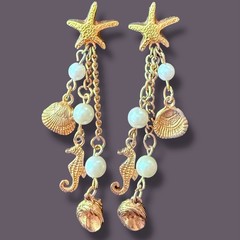 Starfish Earrings Seahorse Shell Dangle Vintage Gold Tone Faux Pearl Pierced