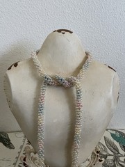Vintage Long Pastel Art Deco Beaded Lariat Necklace Iridescent Blue Pink Flapper