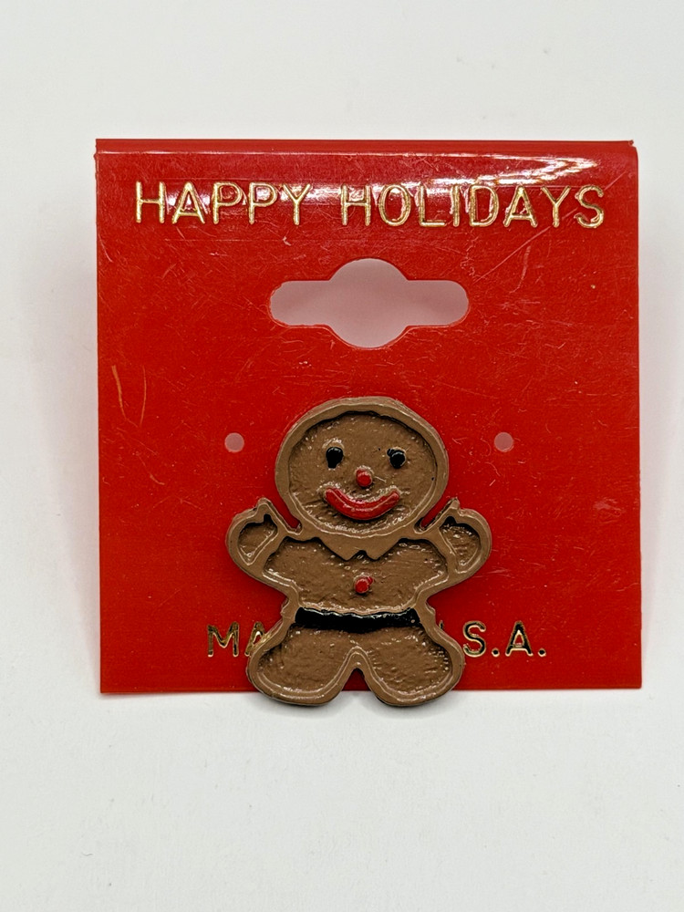 CHRISTMAS GINGERBREAD MAN HOLIDAY LAPEL PIN BROOCH HAPPY HOLIDAYS MADE IN USA