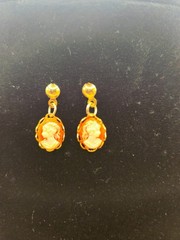 Vintage Gold Tone Cameo Dangle Post Earrings Victorian Lady Portrait Estate