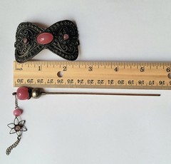 Vintage Chinese Silver Plated Filigree Hair Pin Pink Rose Glass Cabochons