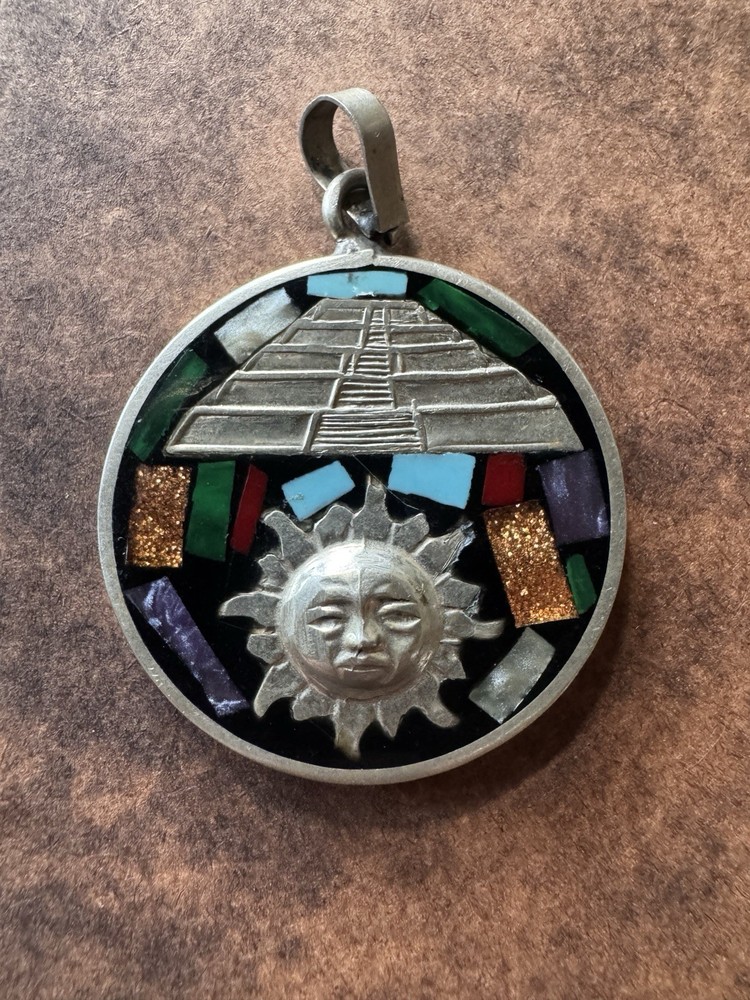 Vintage Aztec Calendar Pyramid & Sun Pendant Necklace