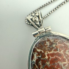 Vintage Fossilized Red Dinosaur Bone Cabochon Sterling Silver Pendant