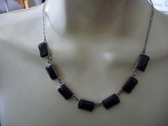 LIZ CLAIBORNE LC BIB BLACK RECTANGES STONES W SILVER TONE CHAIN NECKLACE #26/25