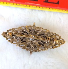 Vintage 50s Signed ART Brooch Enamel Flowers Rhinestones Central Cabochon Stone