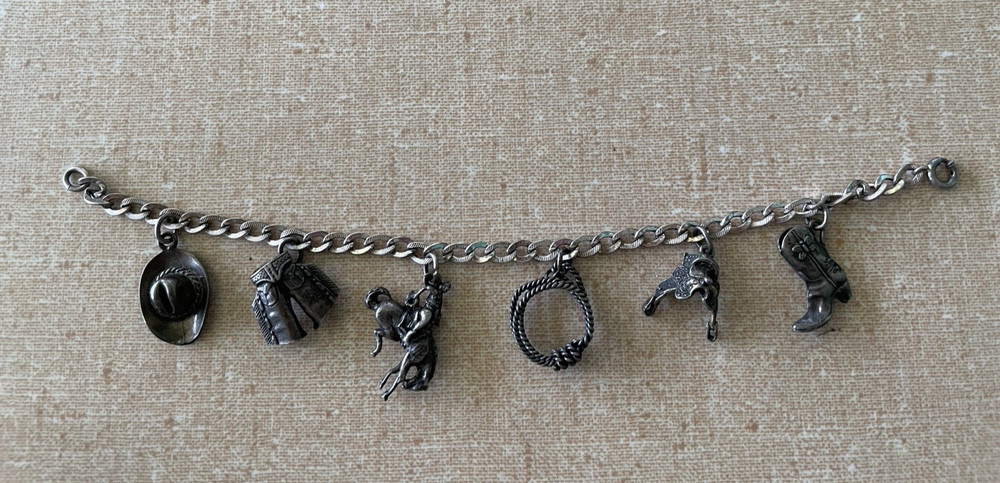 Vintage Sterling Silver Western Cowboy Charm Bracelet with 6 Charms