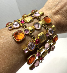 Vintage Signed VCLM Bracelet Gold Tone w/ Pink & Orange Stones 8″ Long 2.5″ Wide