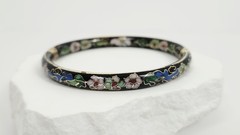Vintage Chinese Black Cloisonné Enamel Bangle Bracelet Floral Hinged Gilt Brass