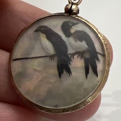 Antique Victorian Gold Filled Mother Of Pearl Bird Feather Round Etched Pendant
