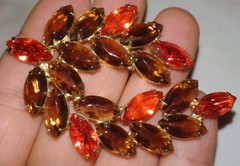 Large Vintage Rhinestone Brooch Fall Color Navette Topaz Glass Orange Crystal