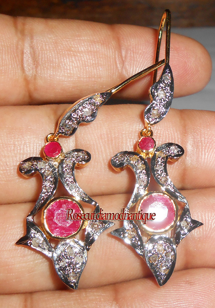 100% REAL & NATURAL 0.66ct ANTIQUE ROSE CUT DIAMOND VINTAGE RUBY DANGLE EARRINGS