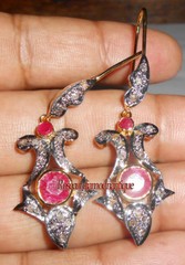 100% REAL & NATURAL 0.66ct ANTIQUE ROSE CUT DIAMOND VINTAGE RUBY DANGLE EARRINGS