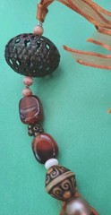 Vintage Lucite ROSE, AMBER STONE, Pink Cat’s Eye Beaded Necklace W/ Ribbon Tie