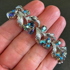 Vintage Rhinestone Bracelet Lisner Aurora Borealis Silver Tone Leaf Design
