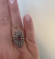 Vtg Art Deco Marquise Red Garnet & Marcasite 925 Sterling Silver 7.75 Signed CW
