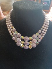 GORGEOUS 3 Strand Vintage Lavender Faux Pearl Necklace With AB crystals