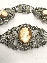 Vintage 800 Silver Filigree Cameo Parure Necklace, Earrings, and Bracelet Set