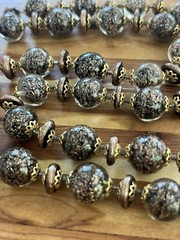Antique Vintage Venetian Murano Art Foiled Glass Necklace Black Copper 26in