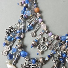 Vtg Southwestern Artisan Boho Musical Charms Many Sterling Glass Necklace 28″L